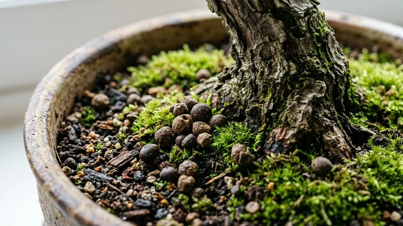 Organic fertilizer pellets on bonsai soil