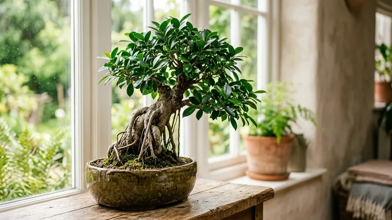 Beautiful ficus retusa bonsai with aerial roots