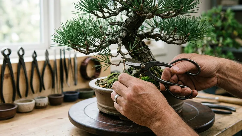 Pruning a bonsai tree with bonsai scissors