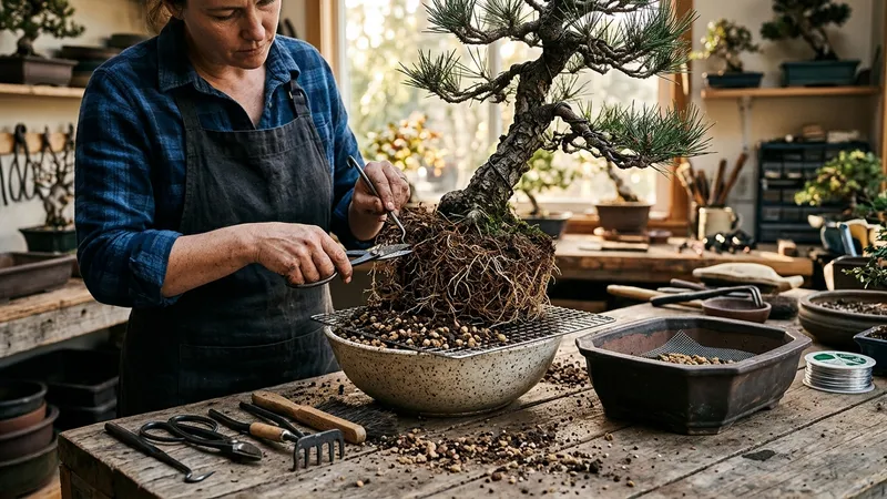 Dense, pot-bound bonsai root ball lifted out of its pot