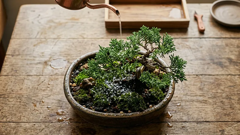 Watering a bonsai tree with a fine-nozzle watering can