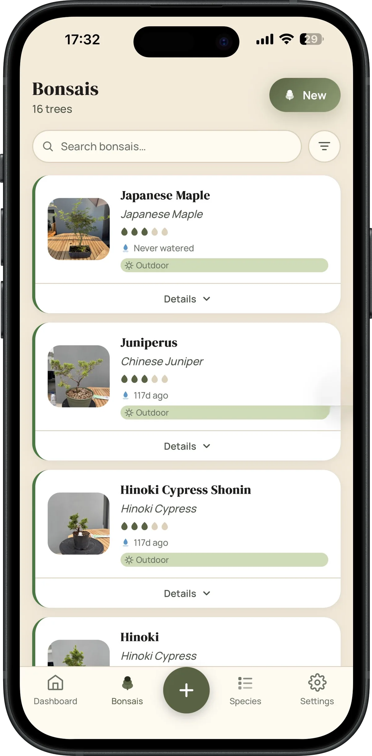 Bonsai Pilot bonsais list screen Bonsai Pilot bonsais list screen