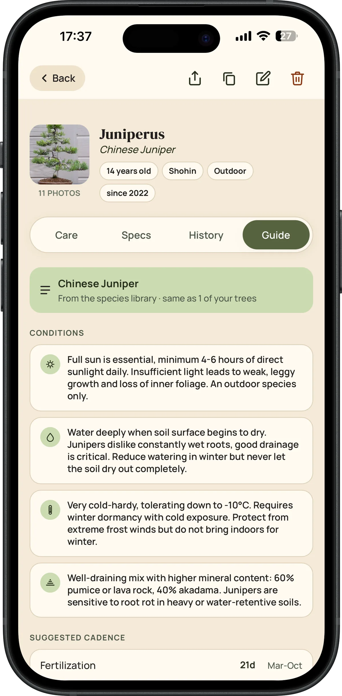 Bonsai Pilot species care guide screen