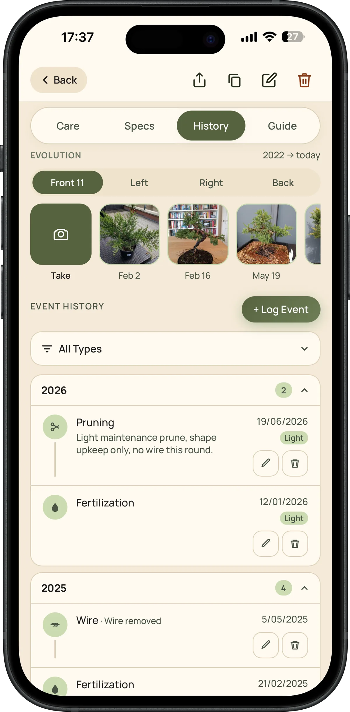 Bonsai Pilot care history screen